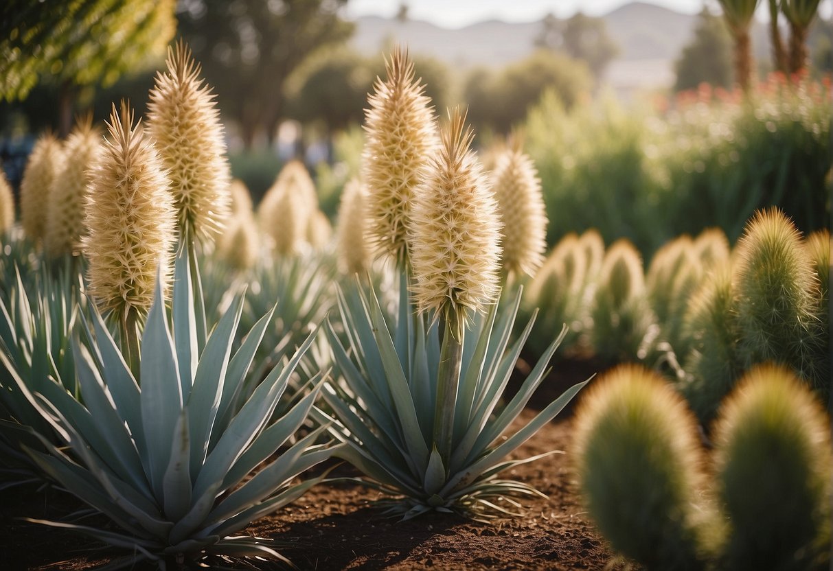 A garden center in Napa displays rows of vibrant yucca plants with colorful blooms, surrounded by lush greenery and sunlight filtering through the leaves