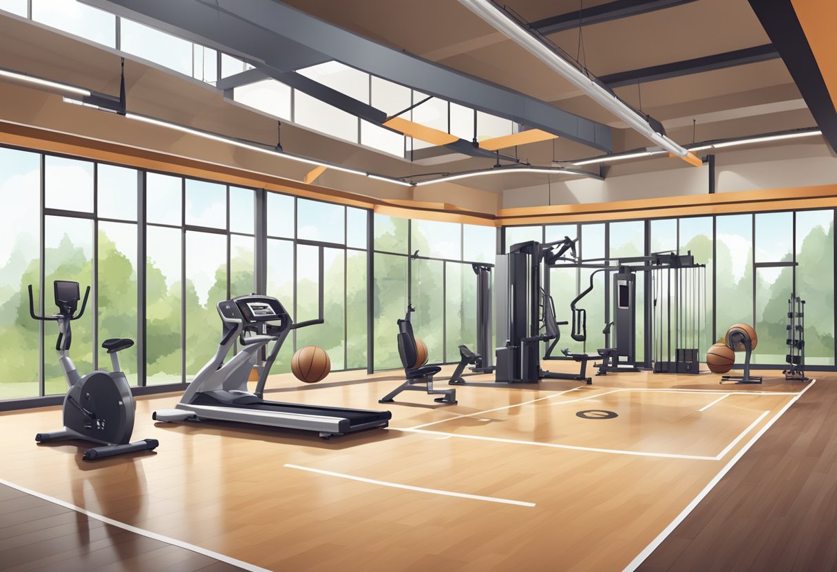 A spacious fitness gym with modern equipment and a separate area for training. Adjacent is a traditional gymnasium with basketball hoops and a wooden floor