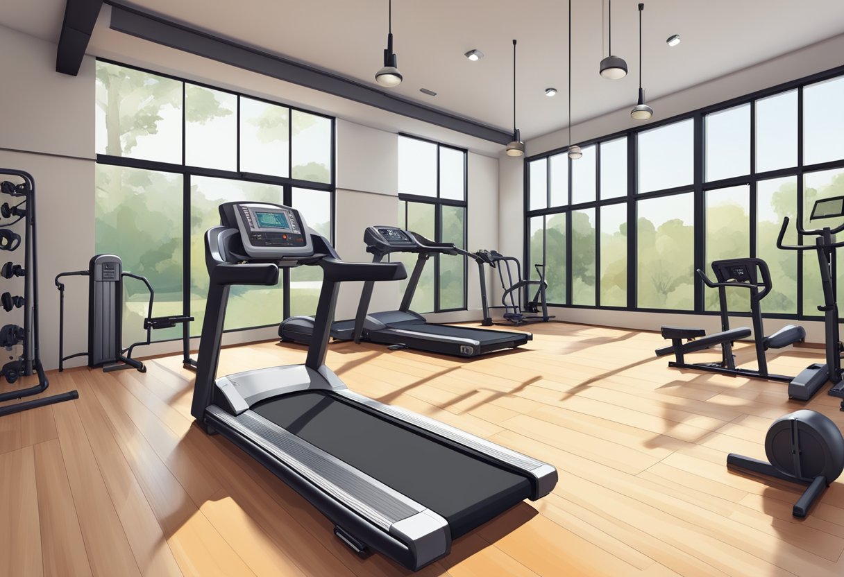 Modern gym equipment integrates with traditional gymnasium space. Treadmills, weights, and exercise mats coexist with basketball hoops and climbing ropes