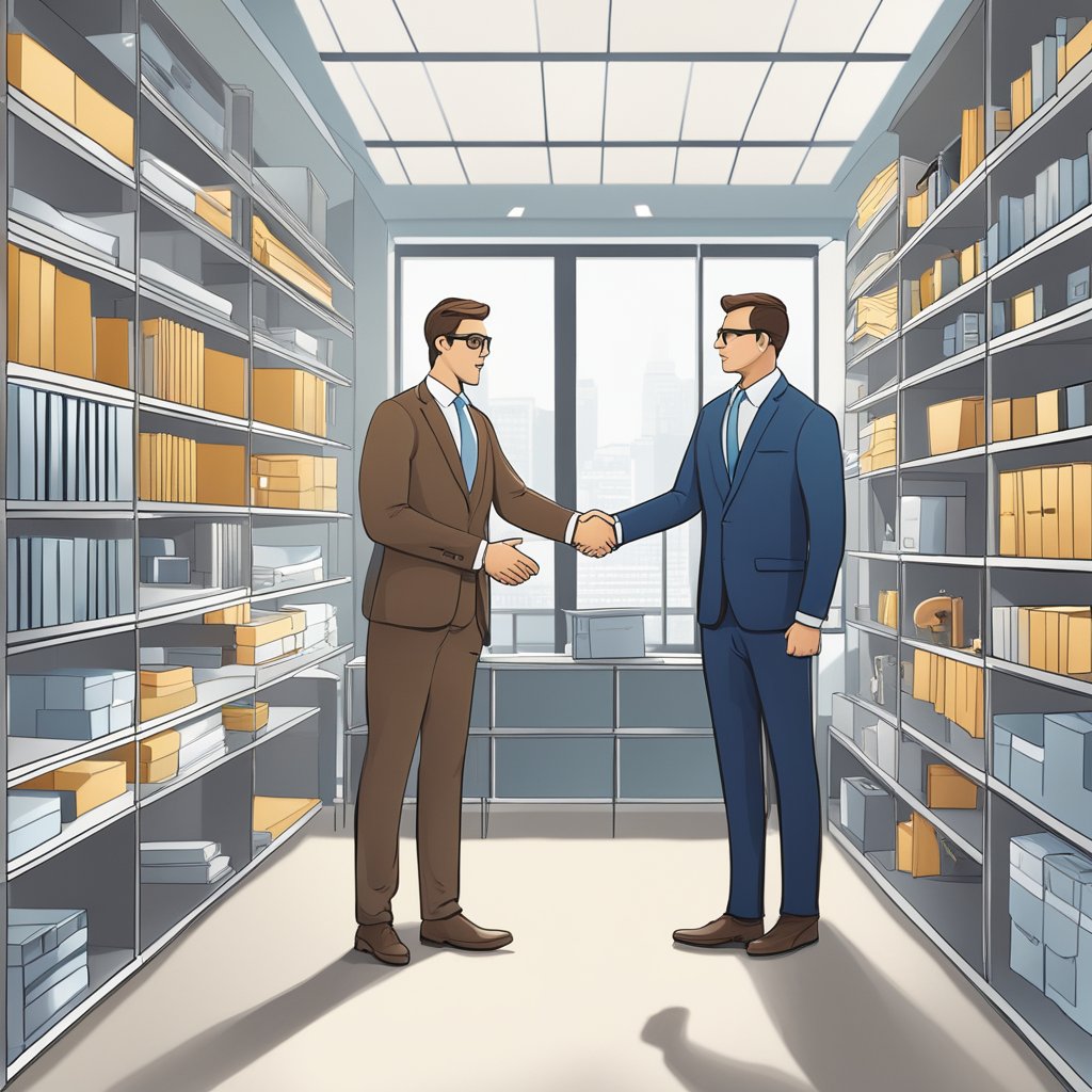 A well-dressed businessman shaking hands with a supplier in a modern office setting, surrounded by shelves of high-end products