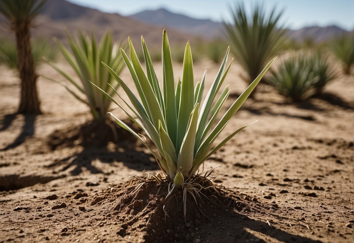 Yucca plants with roots emerging from the top, surrounded by well-draining soil, in a sunny, dry location