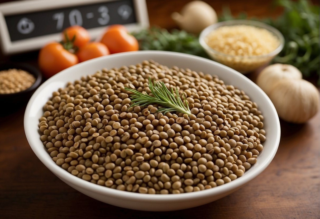 A bowl of Trader Joe's lentils surrounded by various question marks, with a "Frequently Asked Questions" sign in the background