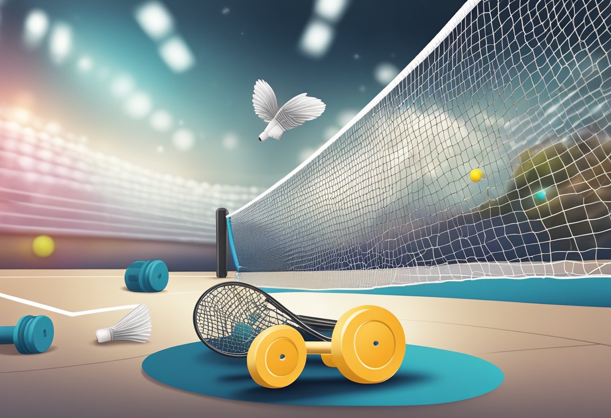 A badminton shuttlecock flies over a net, while dumbbells and a treadmill sit unused in the background