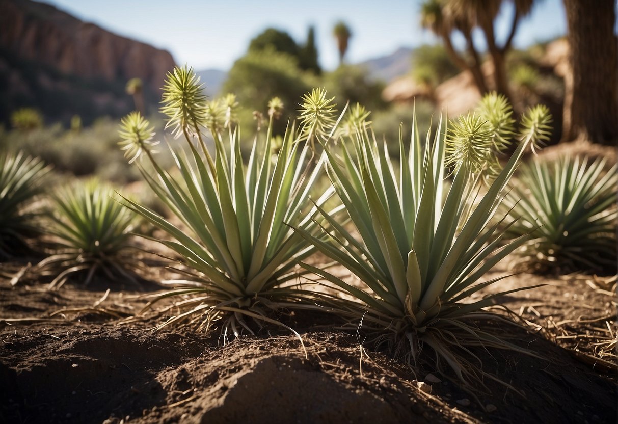 Yucca plants with roots emerging from the top, surrounded by curious onlookers and a sign displaying "Frequently Asked Questions."