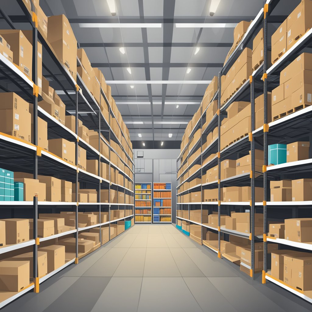 A warehouse with shelves stocked with high-value items, labeled and organized for efficient order fulfillment