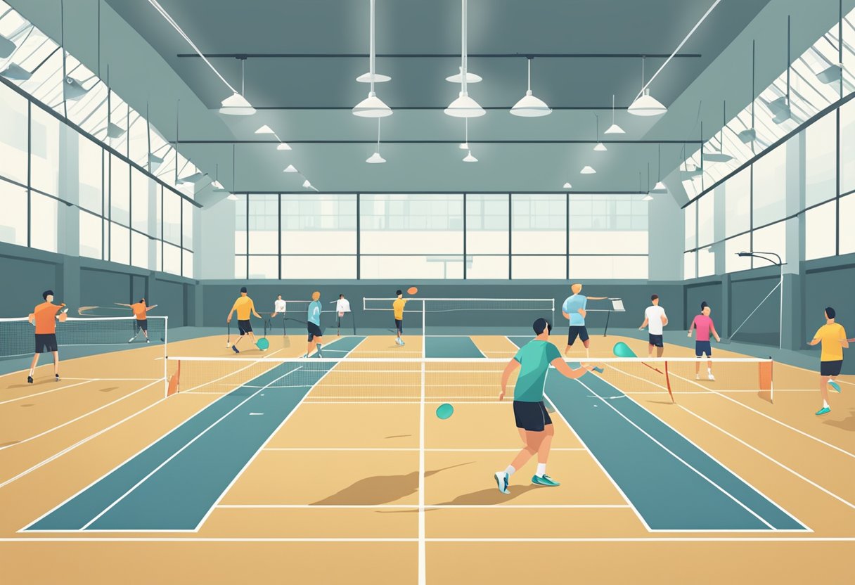 People playing badminton in a gym, with shuttlecocks flying across the court. Gym equipment like treadmills and weights are visible in the background