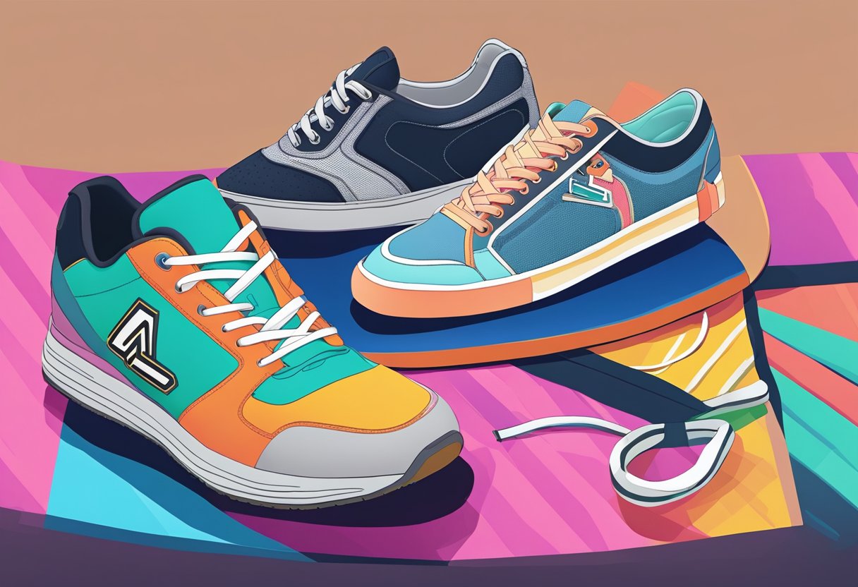 A pair of gym shoes and a pair of sneakers sit side by side on a colorful gym mat, each showing off their unique designs and features