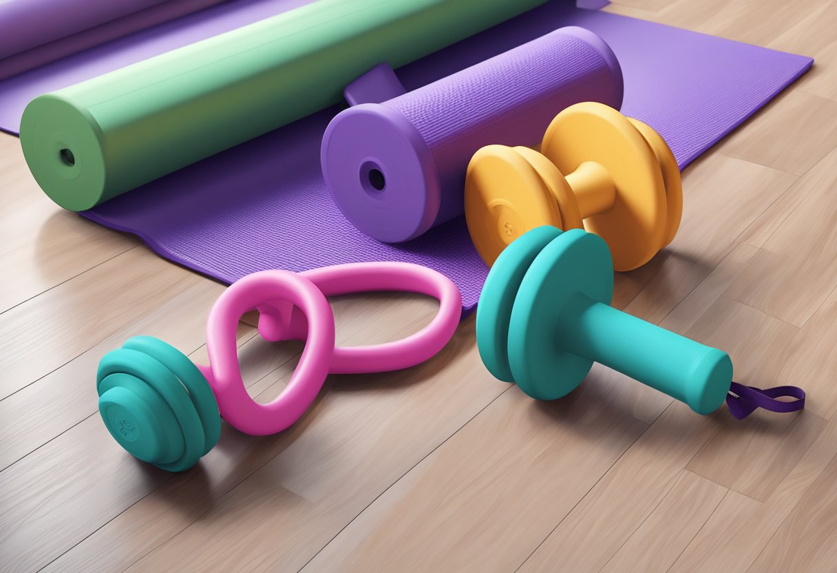 A set of dumbbells and a yoga mat on the floor, with a resistance band hanging on a hook and a water bottle nearby