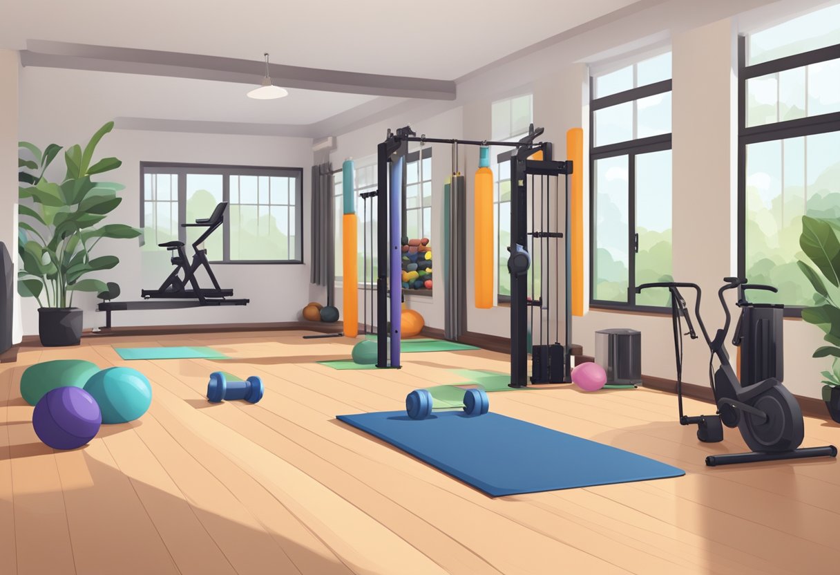 A gym with various exercise equipment and weights, or a home workout space with yoga mats and resistance bands