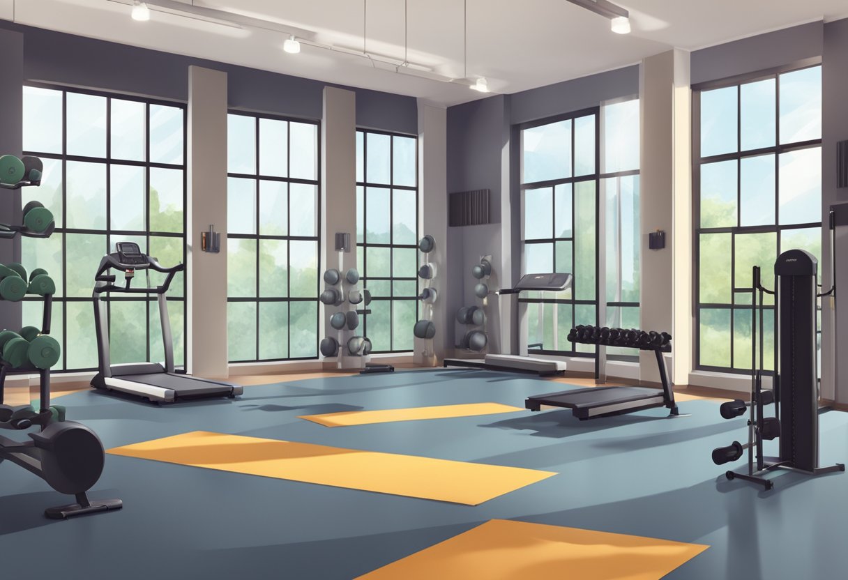 A gym with modern equipment and large windows, or a spacious, well-lit room with exercise mats and weights