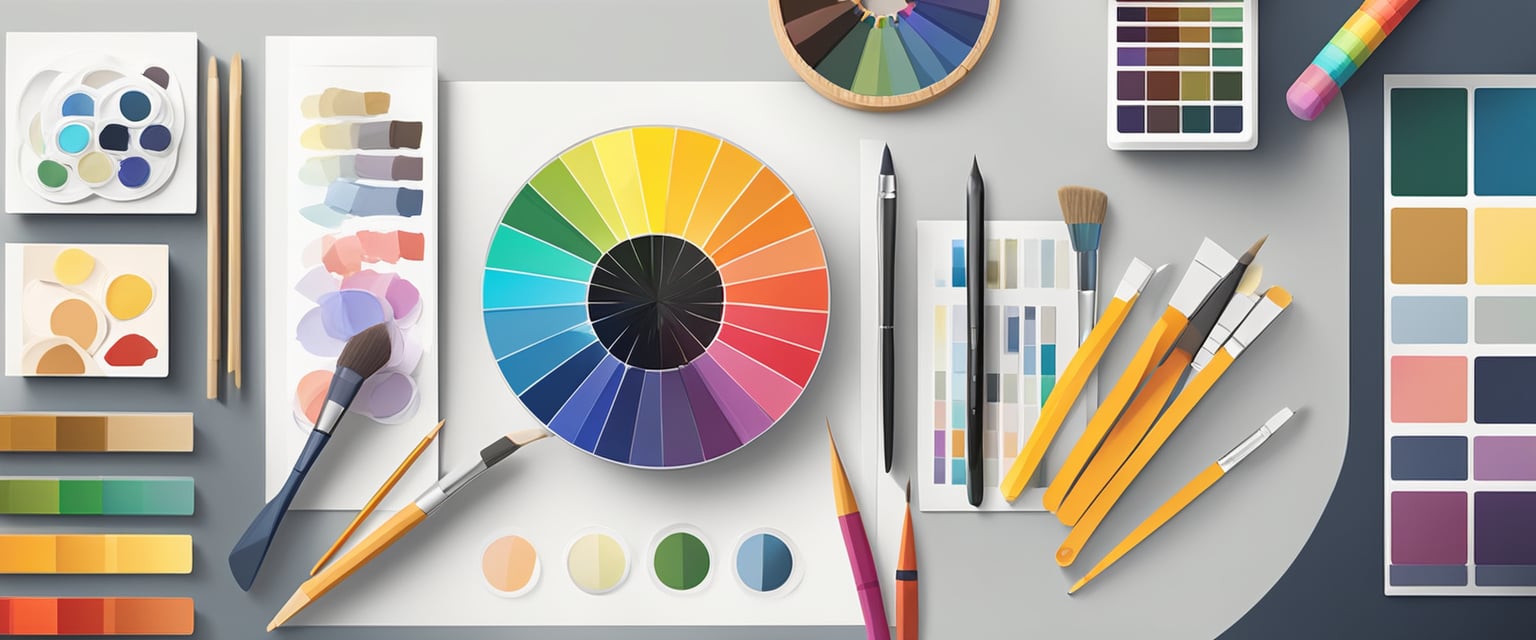 A color wheel with various shades and tones, surrounded by design elements like swatches, paintbrushes, and digital tools. The scene should convey the importance of color psychology and the process of choosing the right colors for a design project