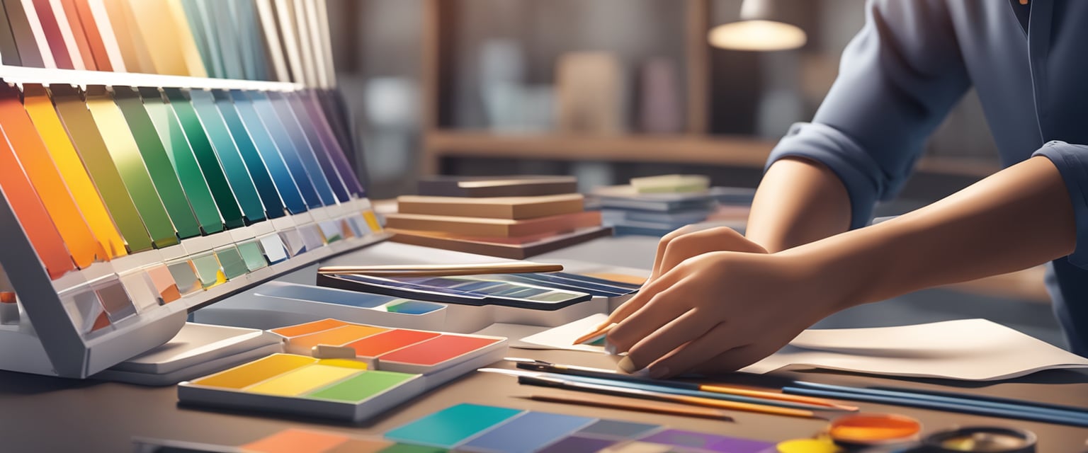 A designer carefully selects colors for a project, matching them to the support material. The scene shows a palette of colors and various design materials