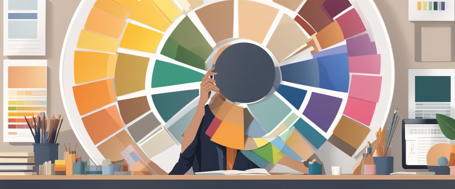 A color wheel with various swatches and shades, surrounded by design samples and mood boards. A designer ponders over the selection, considering the current color trends