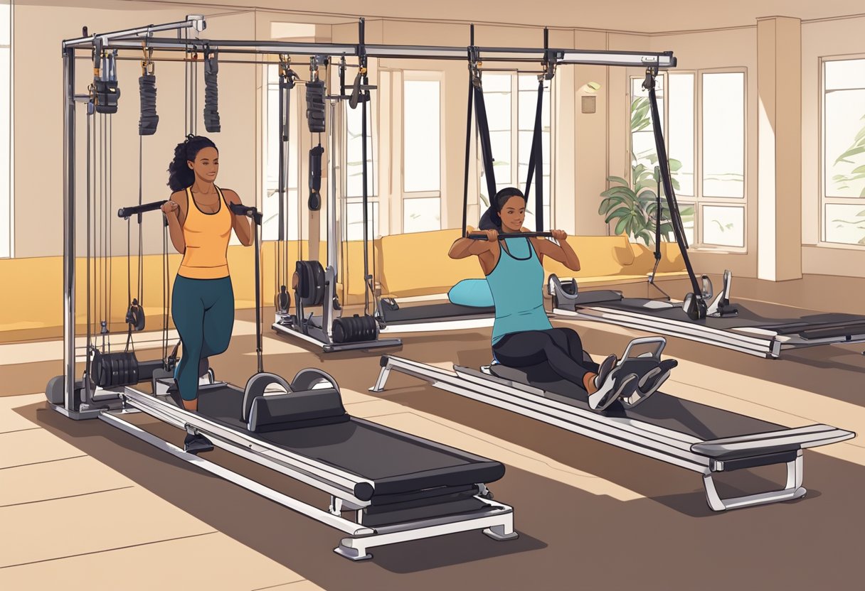 A person uses a Total Gym and a Pilates reformer side by side in a well-lit gym studio. The machines are set up with various attachments and resistance bands for a full-body workout