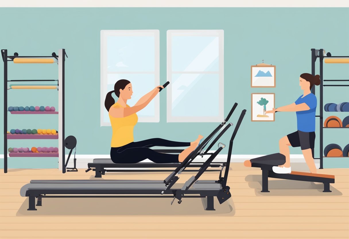 A person is using a Total Gym, while another person is using a Pilates reformer. Both are engaged in various exercises, demonstrating the benefits of each equipment