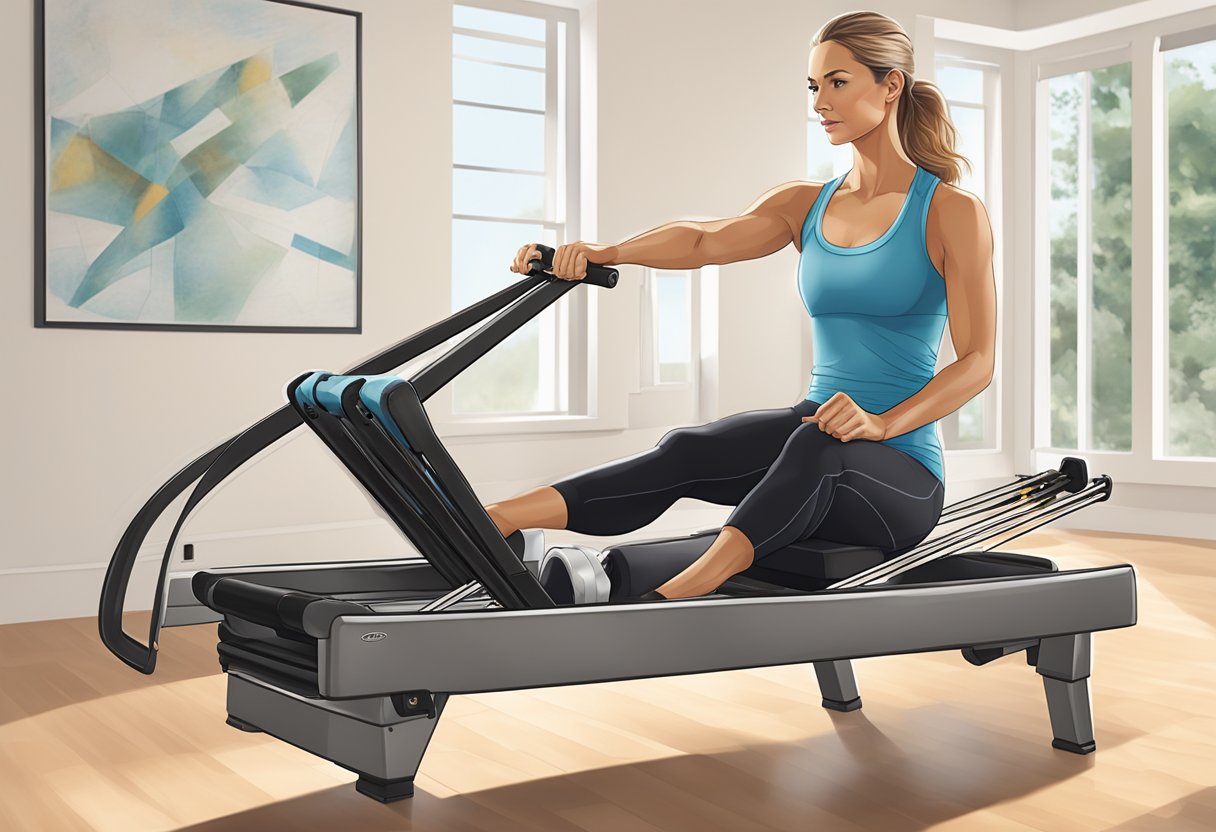 A woman effortlessly switches between using a Total Gym and a Pilates reformer, showcasing the versatility and ease of both workout machines