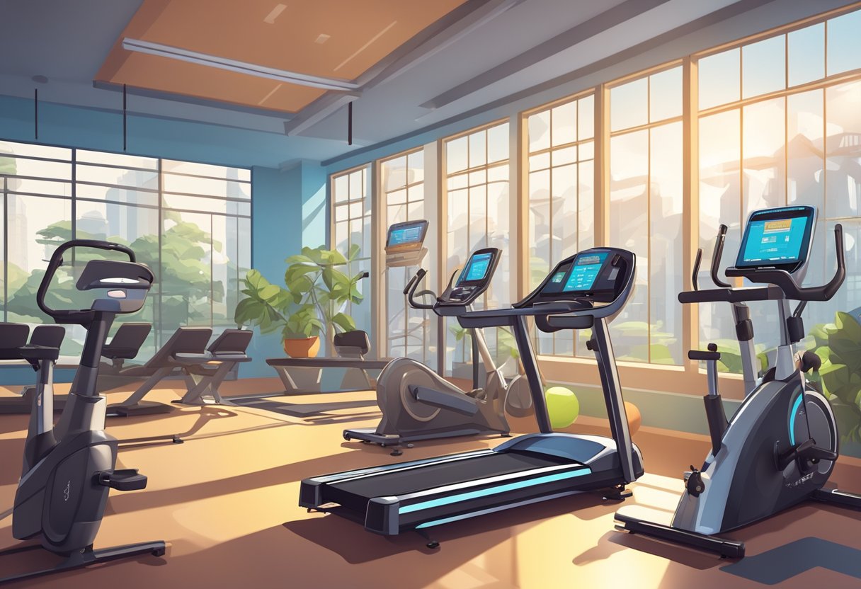 A gym bike and treadmill face off in a brightly lit fitness center, surrounded by motivational posters and equipment