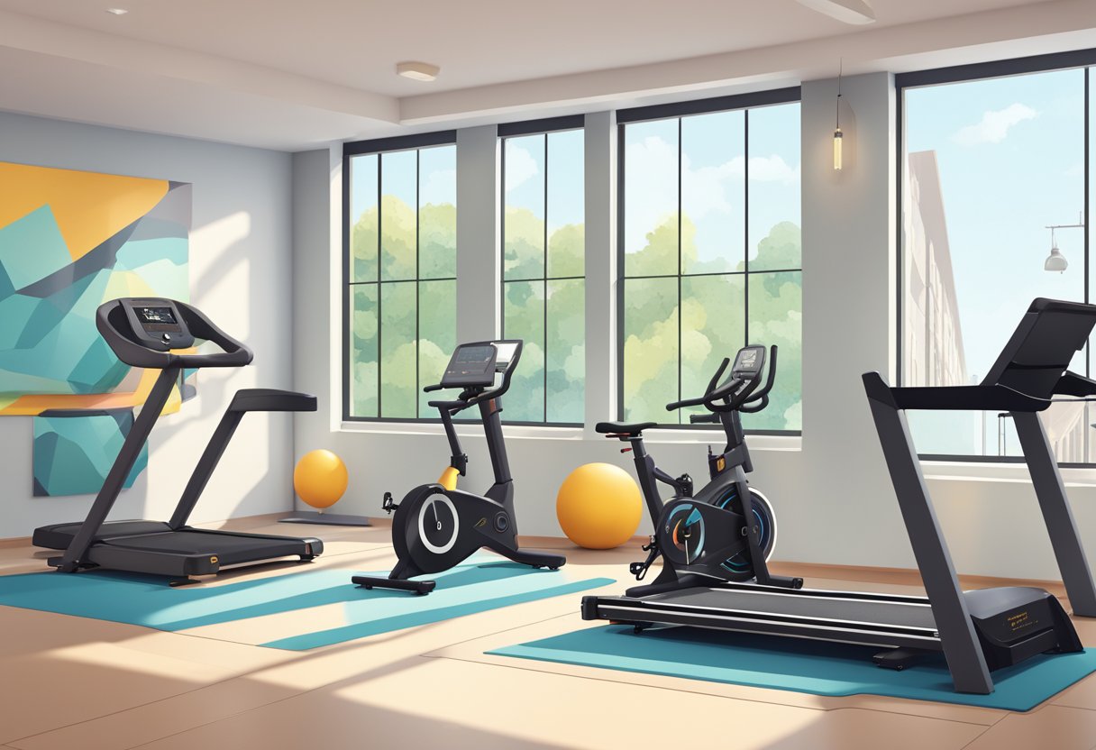 A gym bike and treadmill stand side by side in a well-lit fitness studio, surrounded by motivational posters and sleek modern equipment