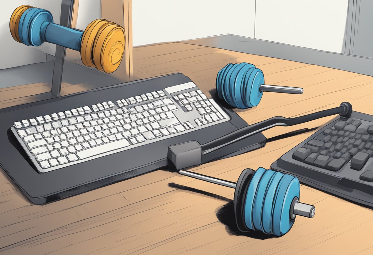 A weightlifting bar sits next to a computer keyboard, symbolizing the contrast between physical strength and mental labor