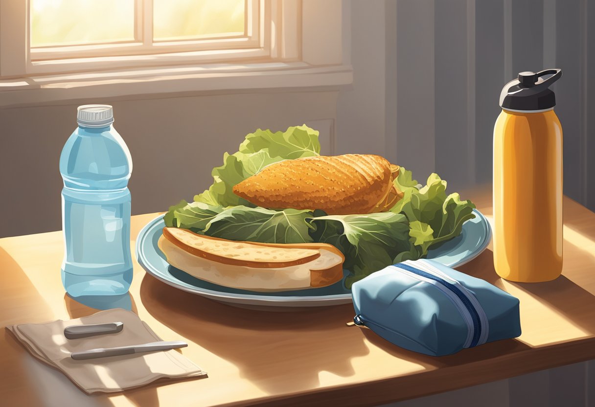 A plate of food sits on a table next to a gym bag and water bottle. The sun shines through a window, casting a warm glow on the scene