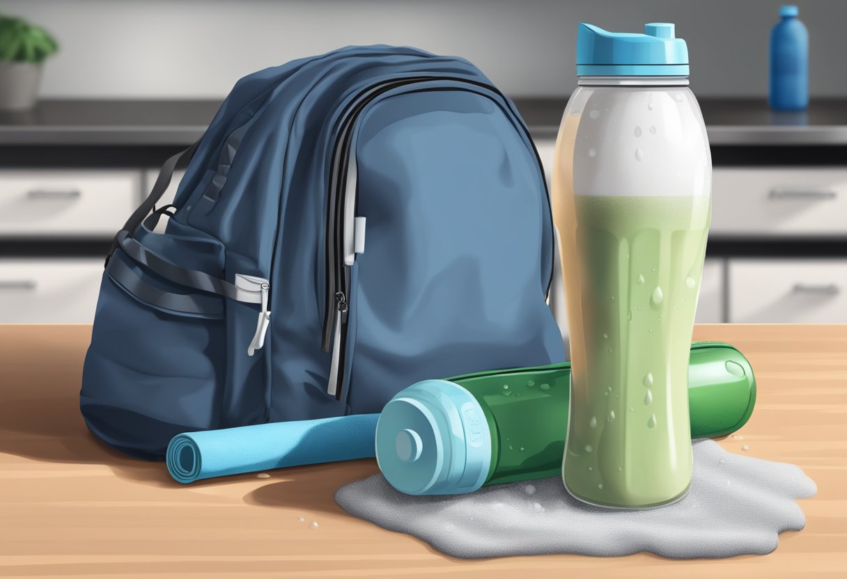 A protein shake sits on a clean countertop, surrounded by a gym bag and water bottle. The shake is thick and frothy, with droplets of condensation forming on the exterior of the glass