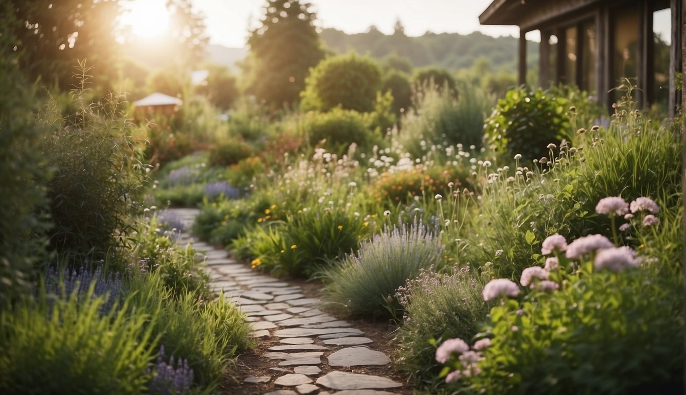 A serene garden with medicinal herbs and plants, a winding path leading to a naturopathic medicine clinic, and a peaceful atmosphere of holistic healing