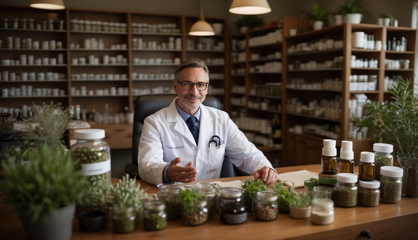 A naturopath sits at a desk, surrounded by shelves of herbs and supplements. A patient's file is open as they discuss treatment options