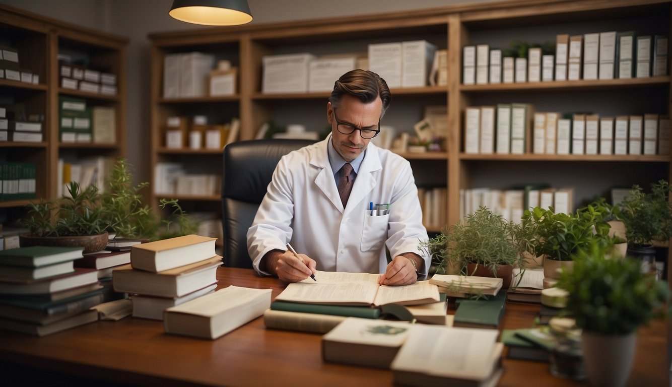 A naturopathic doctor examines research papers and clinical evidence in their office, surrounded by shelves of books and herbal remedies