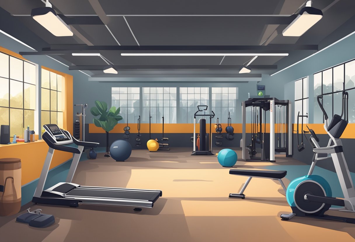 A spacious garage with gym equipment neatly arranged, including weights, a treadmill, and a punching bag. Bright lighting and motivational posters on the walls