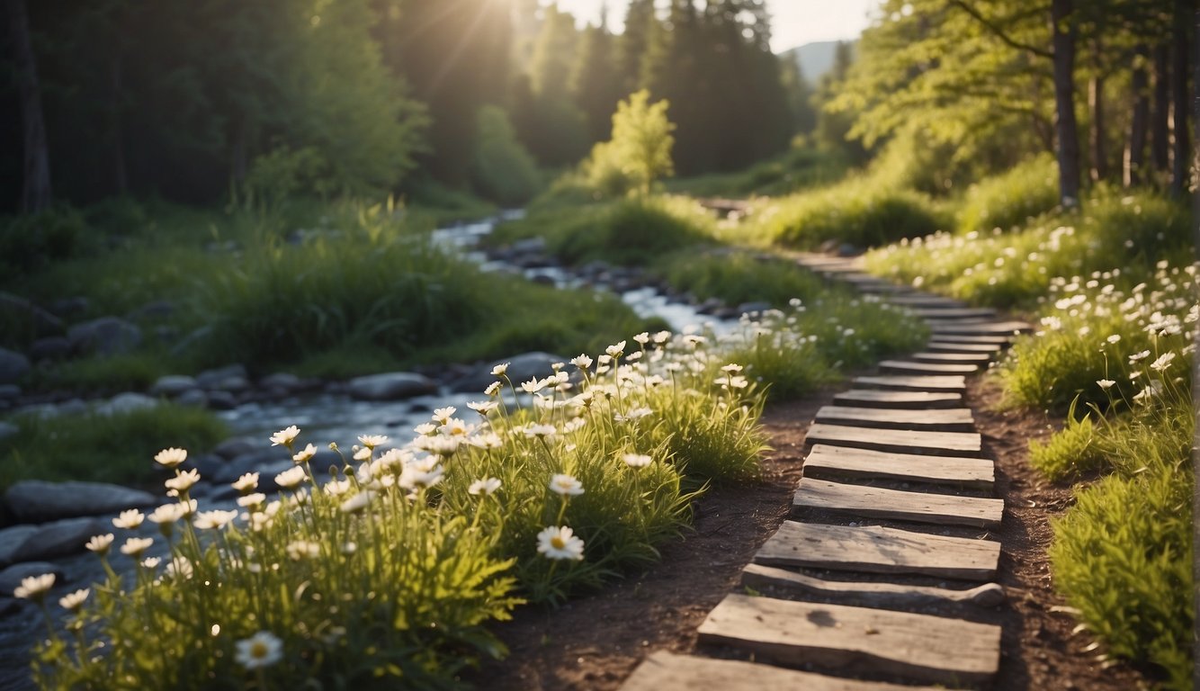 A serene nature setting with a winding path leading to a bright, hopeful future symbolized by a blooming flower and a clear, flowing stream