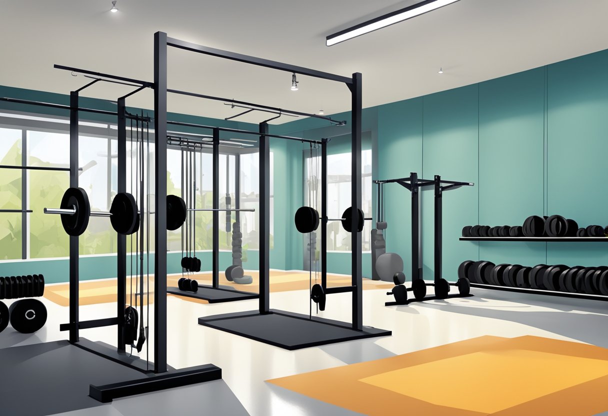 A well-organized gym garage with racks of weights, cardio equipment, and a mirror wall for functional training