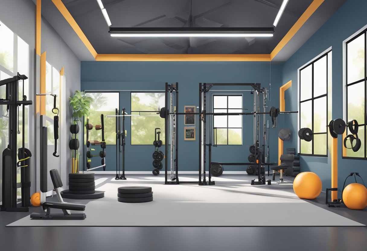 A well-organized garage gym with adjustable weights, resistance bands, and a pull-up bar. Bright lighting and open space for circuit training