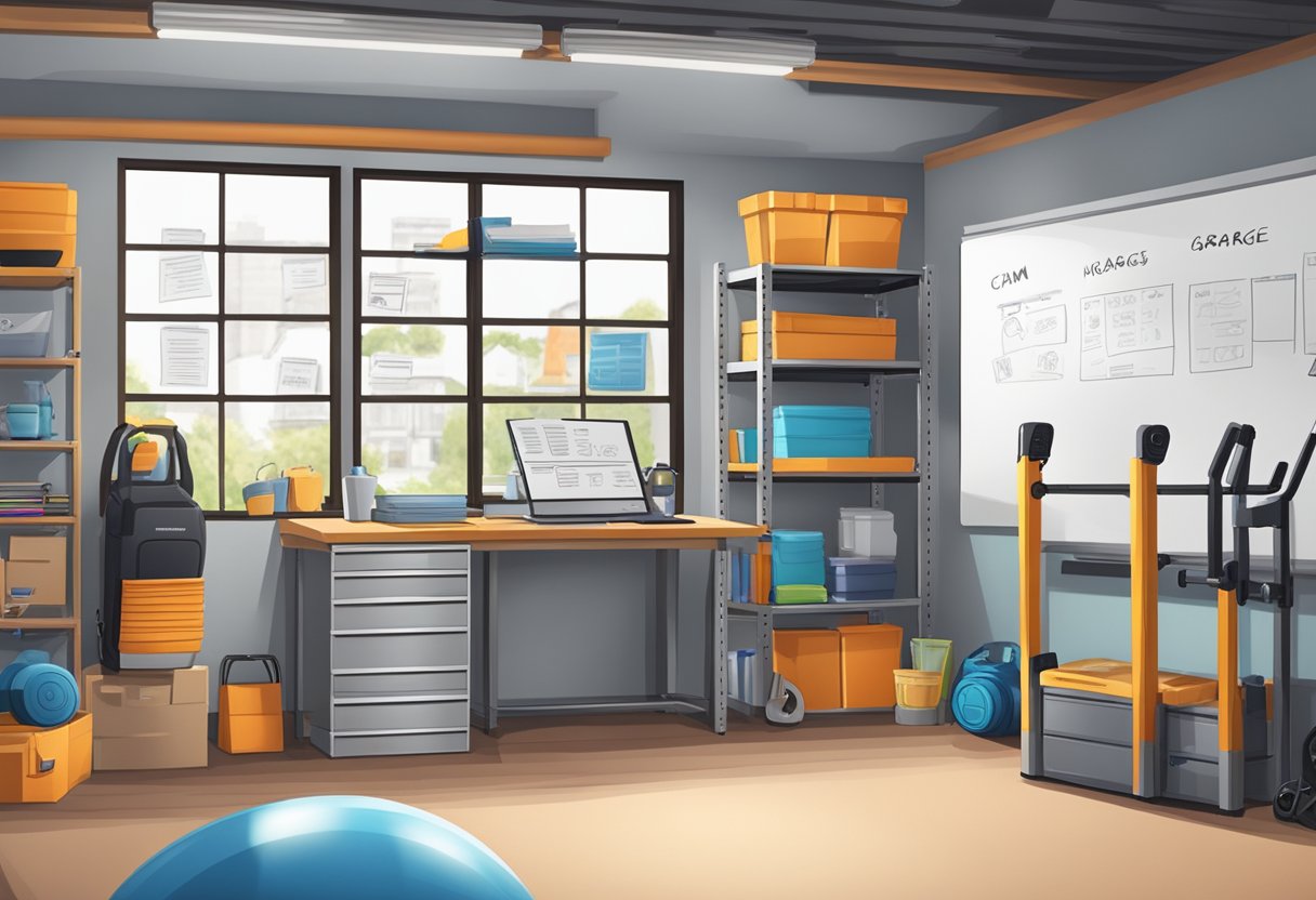 A garage with gym equipment, whiteboard with budgeting notes, and shelves with cost management books