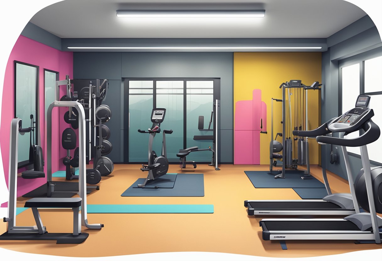 A basement gym with bright lighting, rubber flooring, and a variety of workout equipment neatly organized along the walls