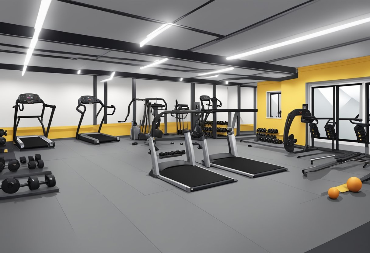 A spacious basement with rubber flooring, wall-mounted mirrors, and a variety of workout equipment arranged in a functional and organized layout