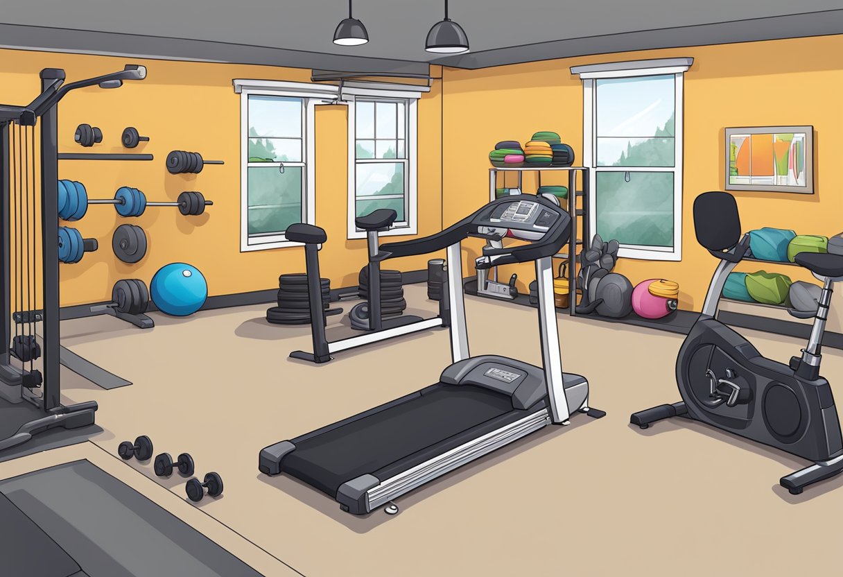 A well-lit basement gym with a variety of exercise equipment neatly organized and labeled, including dumbbells, resistance bands, yoga mats, and a stationary bike