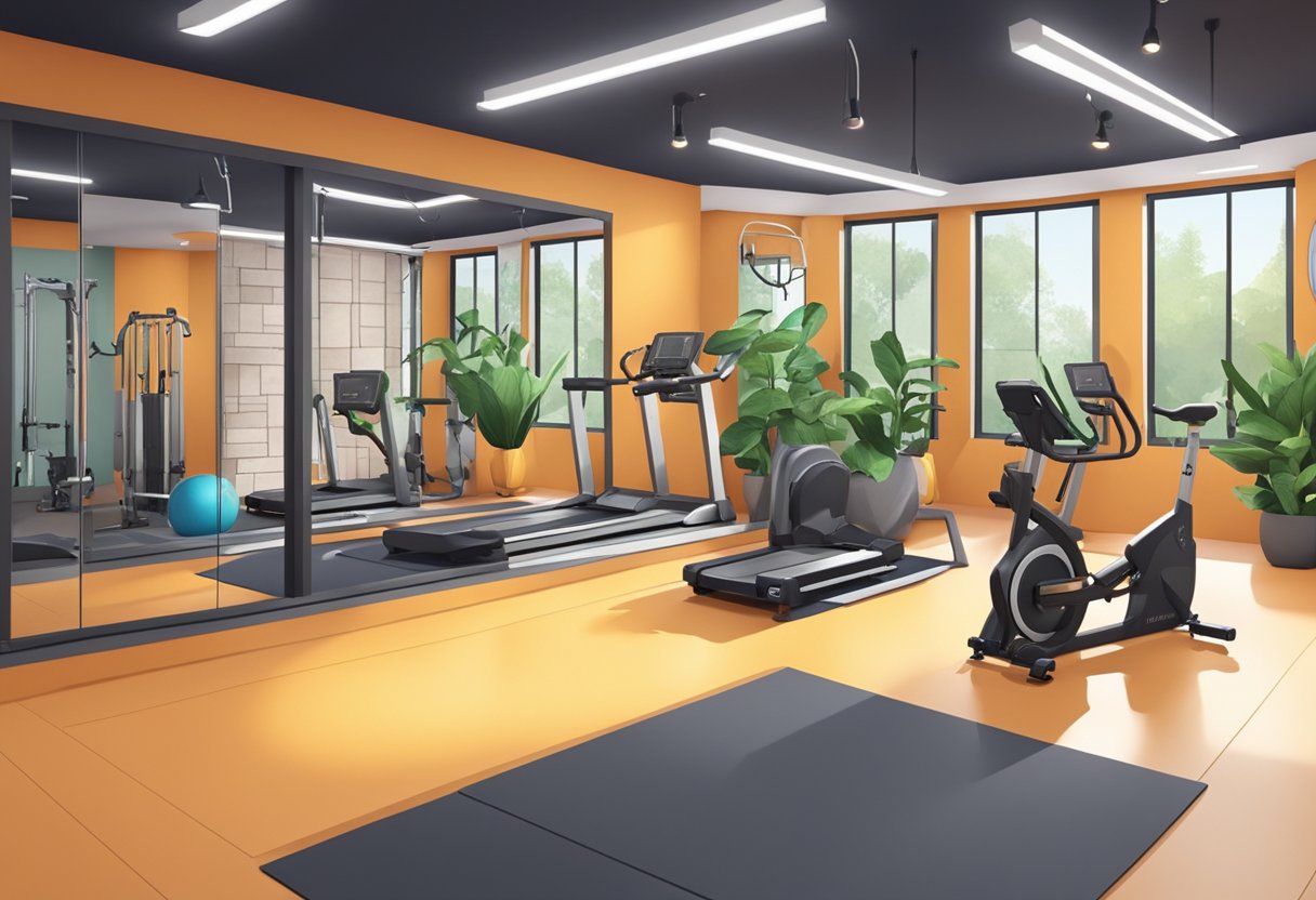 A well-lit basement gym with modern equipment and vibrant wall colors. Mirrors and plants create an inviting atmosphere for workouts