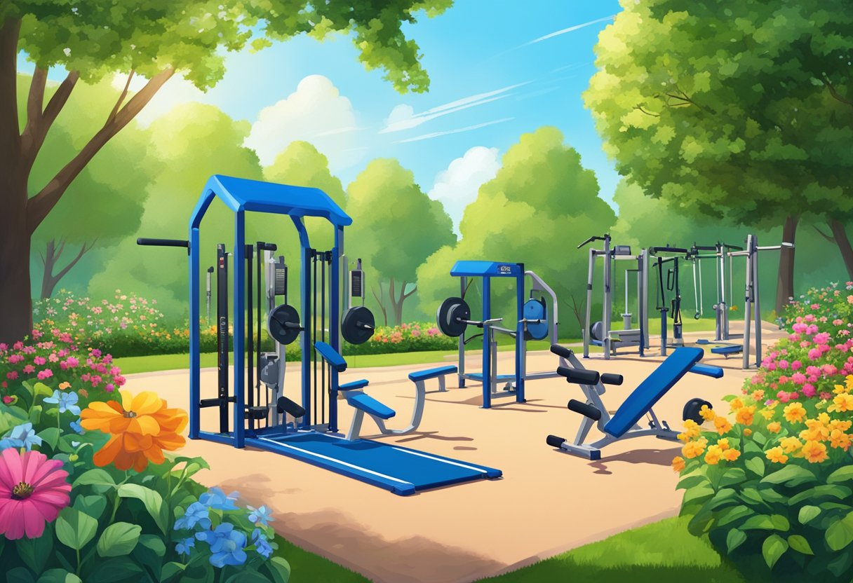 An outdoor gym with various exercise equipment under a bright blue sky surrounded by lush green trees and vibrant flowers