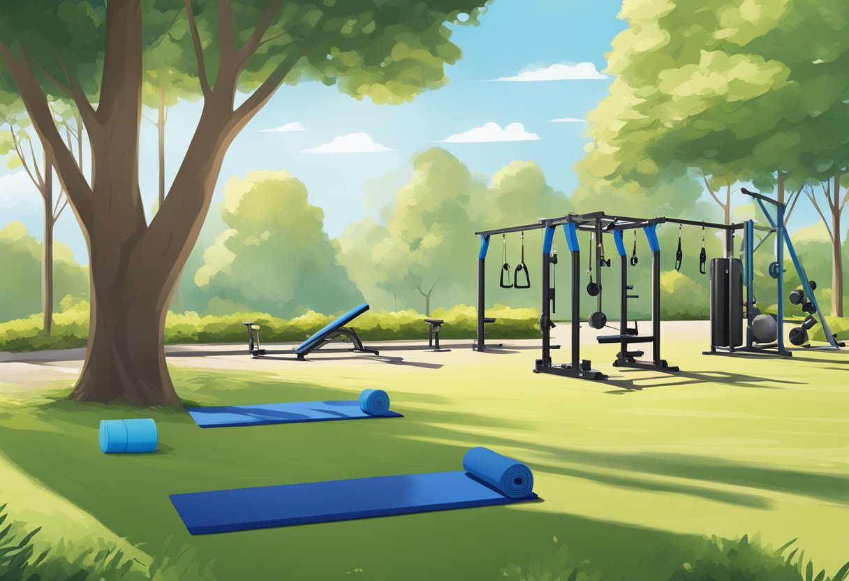 People plan outdoor gym space: yoga mats, weights, and resistance bands on a grassy area surrounded by trees and blue skies