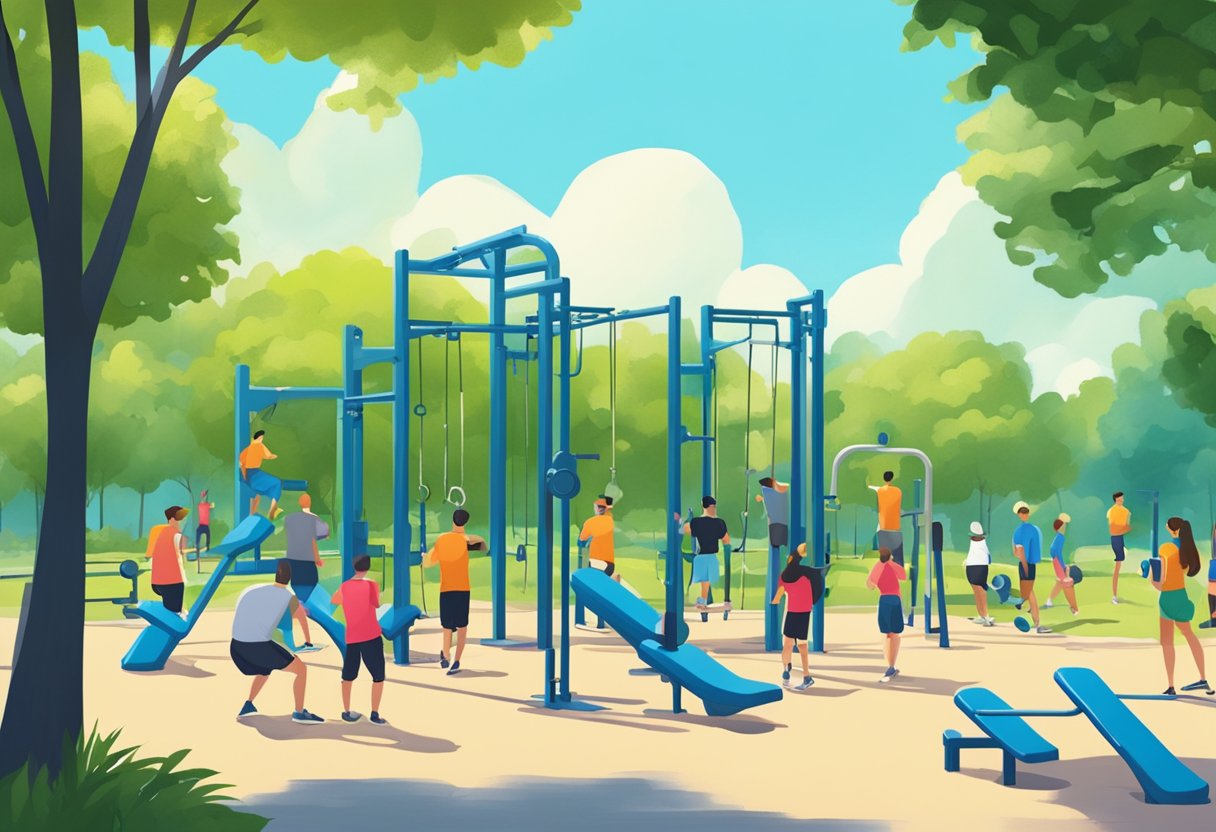 People using outdoor gym equipment in a park surrounded by lush green trees and clear blue skies