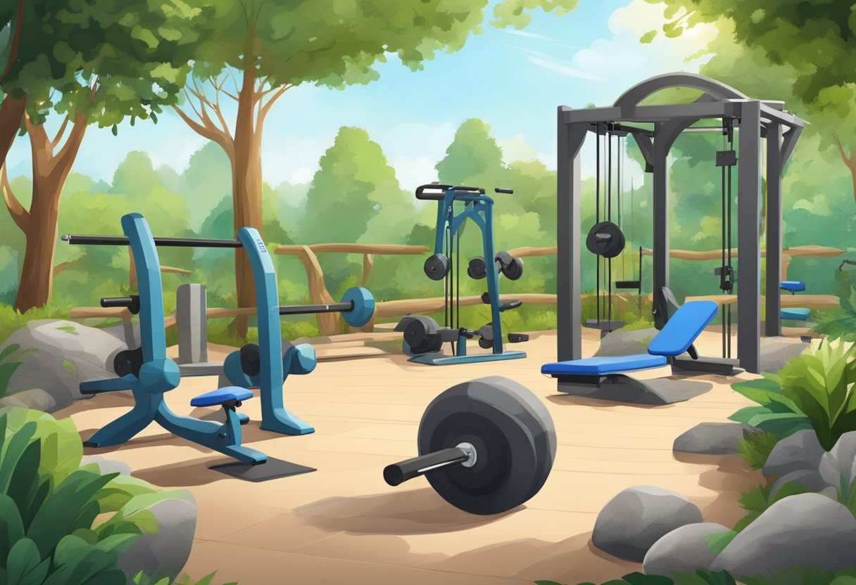 An outdoor gym with various exercise stations surrounded by lush greenery and natural elements, such as rocks and wood, creating a serene and inviting workout space