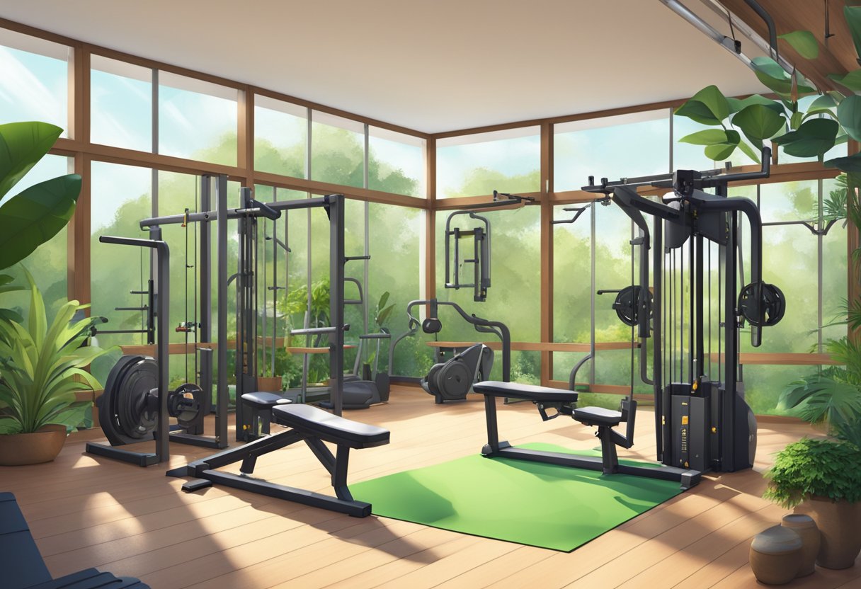 A backyard gym with a variety of exercise equipment, surrounded by lush greenery and natural lighting