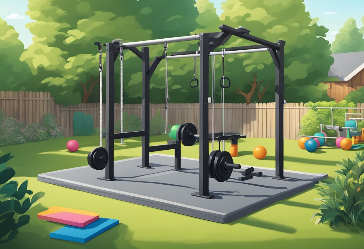 A backyard gym with a squat rack, weight bench, dumbbells, resistance bands, and yoga mat. Outdoor setting with trees and grass