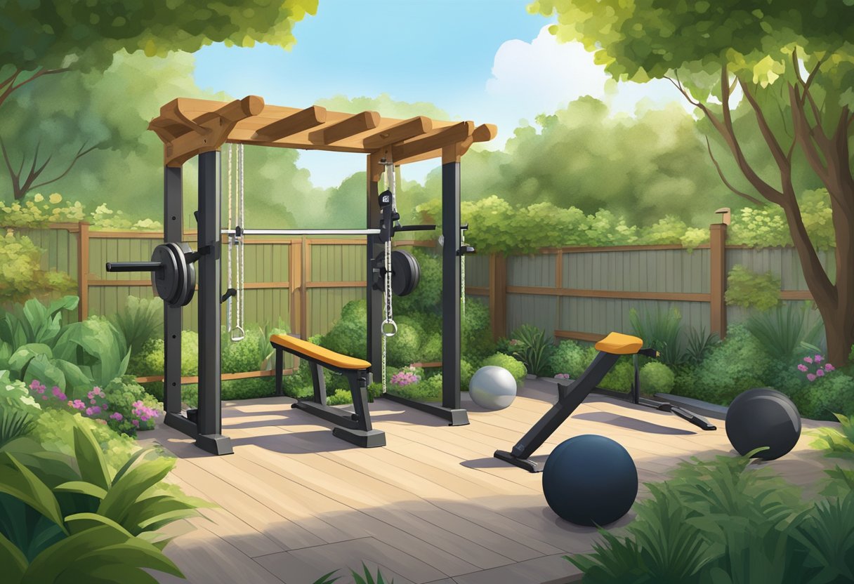 A backyard gym with a variety of outdoor workout equipment, surrounded by lush greenery and natural landscaping