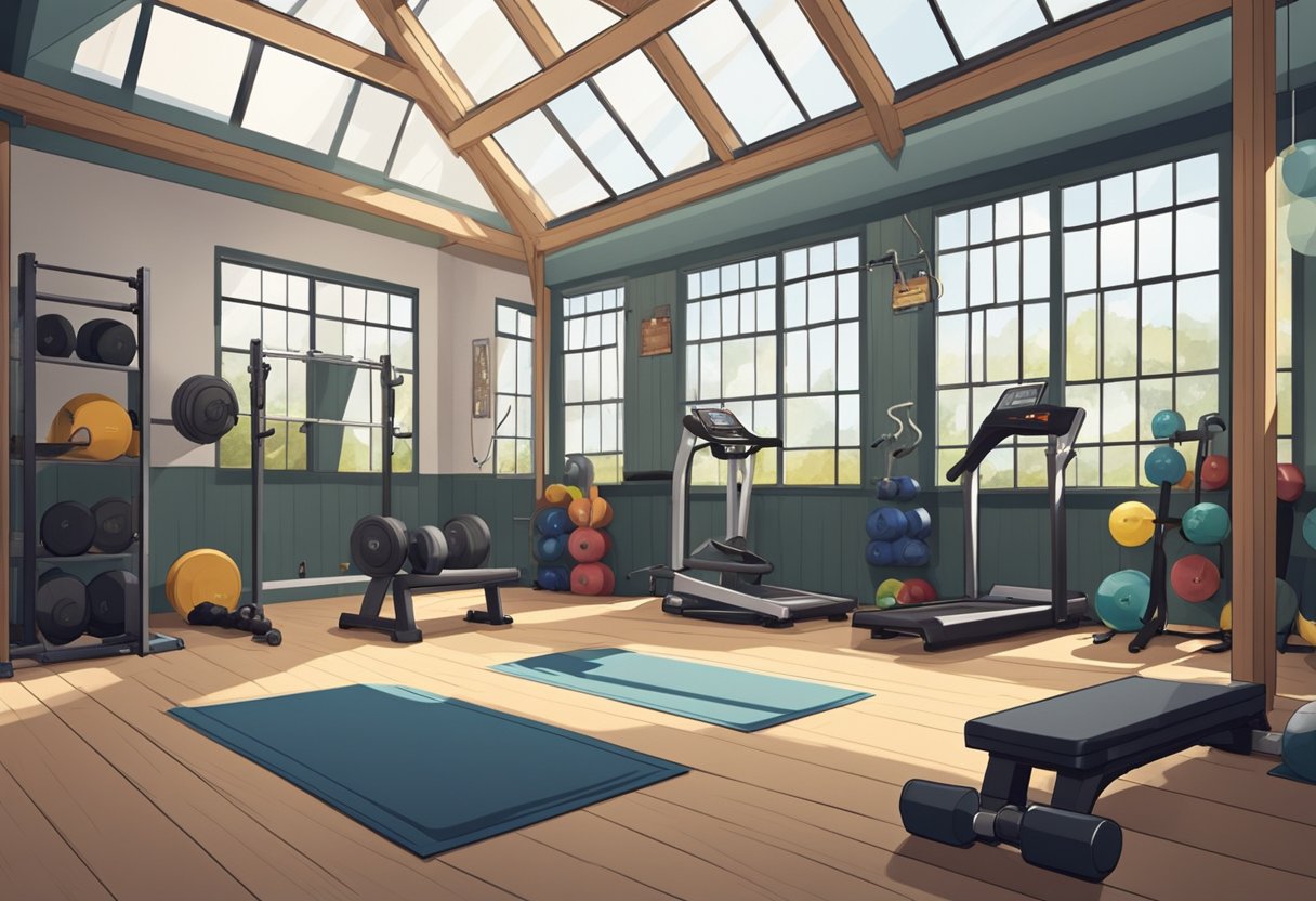 A spacious gym shed with large windows, filled with exercise equipment and weights. Bright lighting and motivational posters line the walls