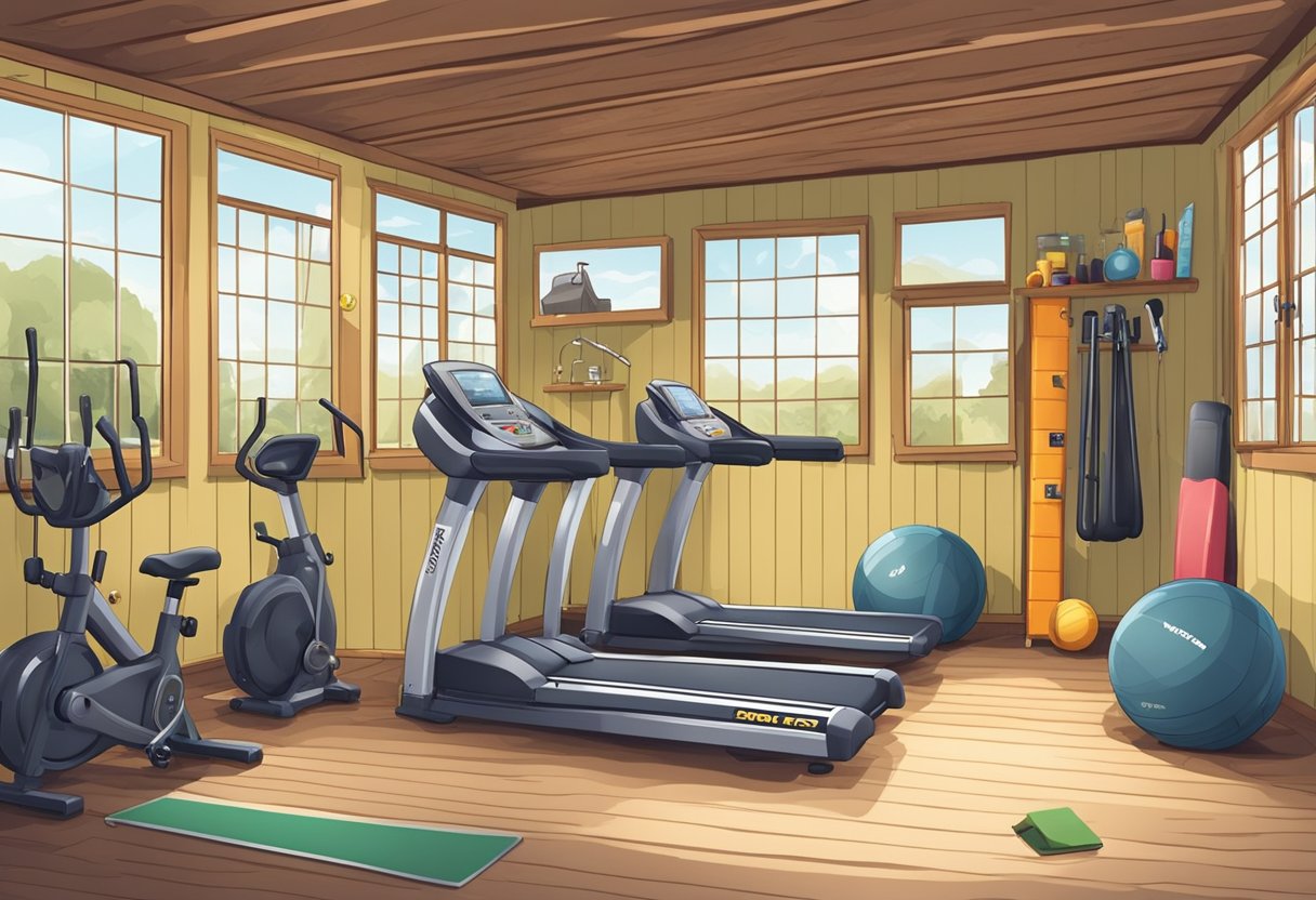 A spacious shed with exercise equipment neatly organized, surrounded by motivational posters and a mirror for form checks