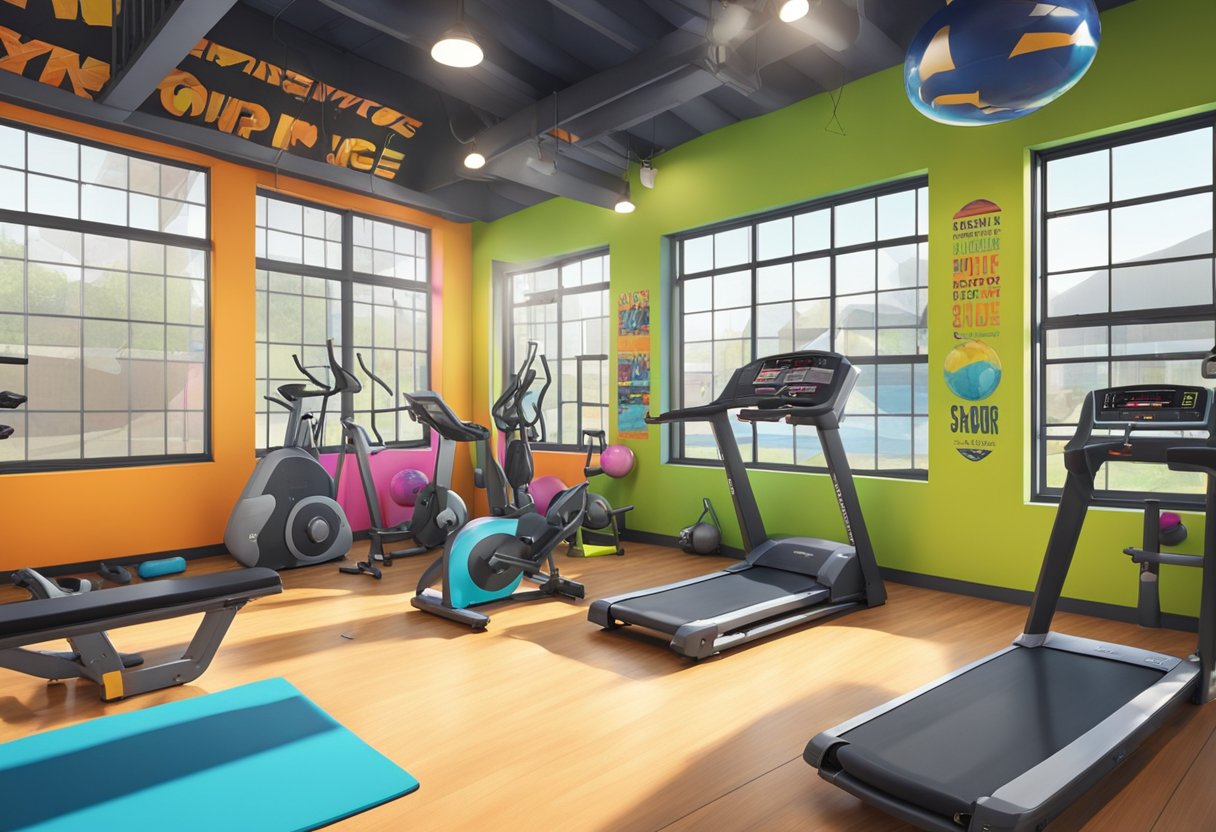 The gym shed has bright, natural lighting with large windows. The walls are adorned with motivational quotes and colorful, energetic artwork. The space is filled with modern workout equipment and vibrant, high-energy colors