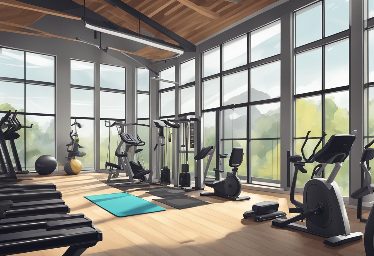 A person choosing gym equipment in a modern, well-lit shed with large windows and a variety of workout machines and weights