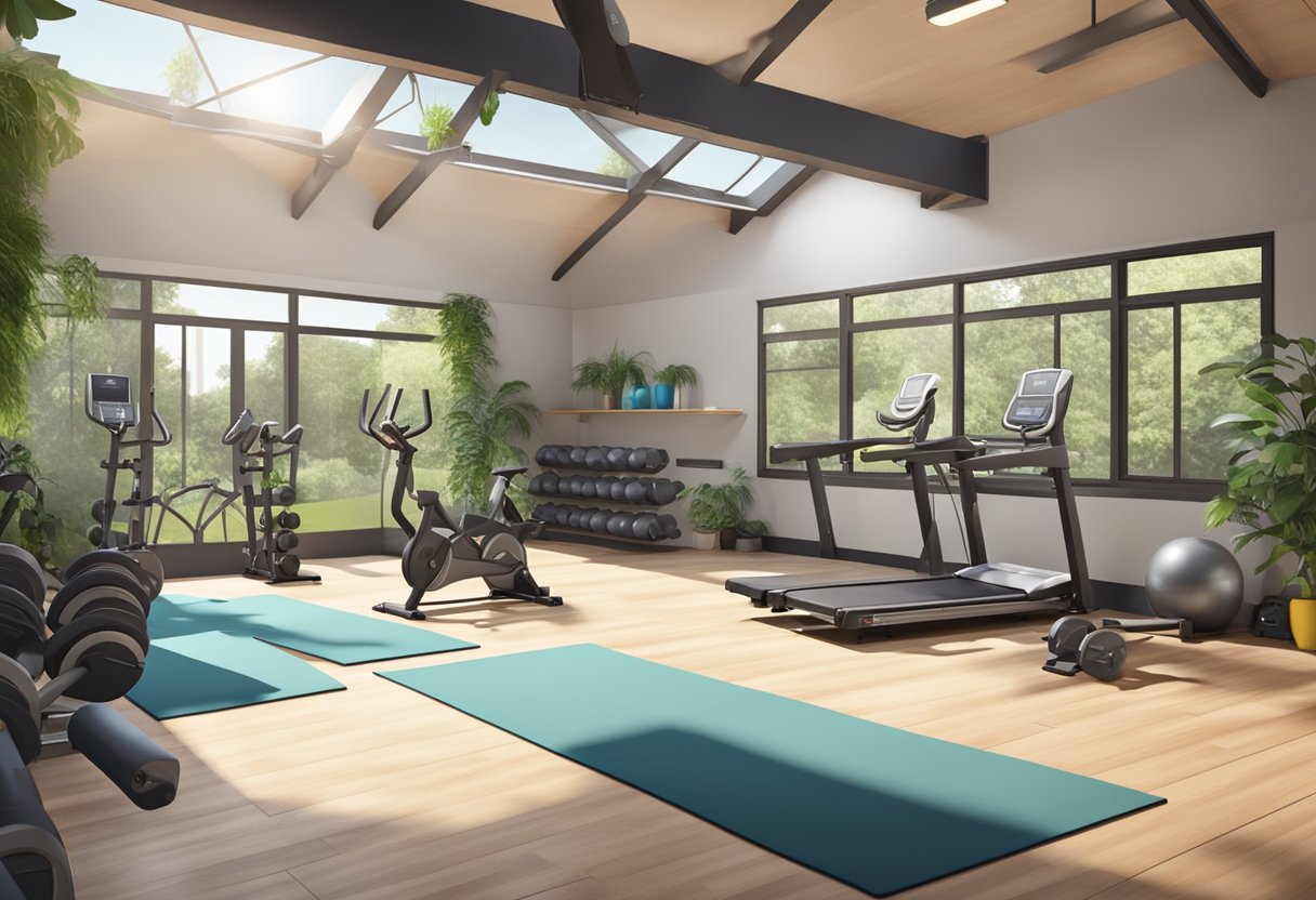 A spacious gym shed with natural lighting, modern equipment, and vibrant greenery for a refreshing workout experience