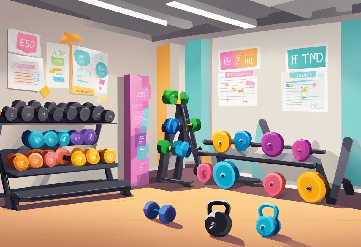 Colorful motivational quotes and fitness symbols cover the gym wall. Dumbbells and exercise equipment are neatly organized in the corner